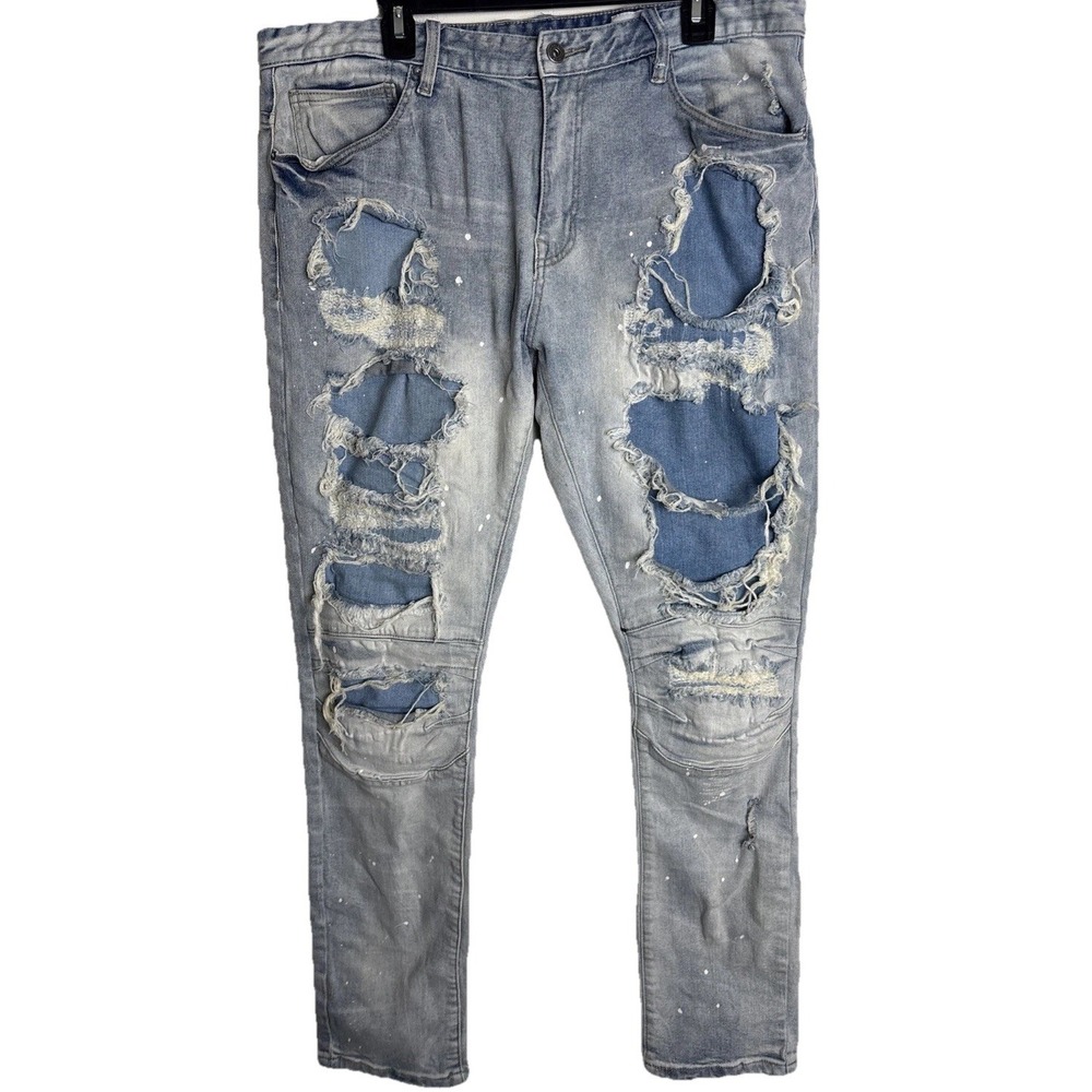 Smoke Rise Jeans Mens 38x32 Moto Grunge Y2K‎ Distressed Denim Paint Stains Blue